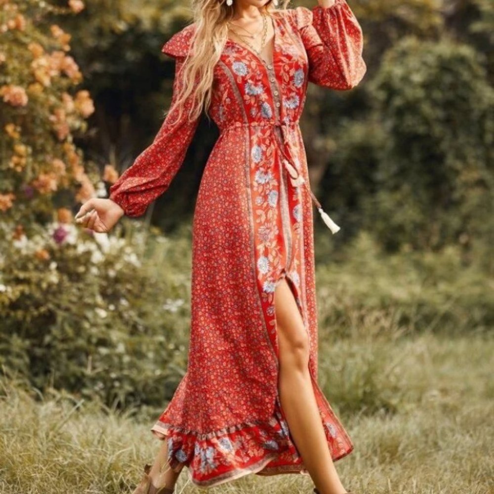 red Floral Ruffle detailed Drawstring Waist Split Hem Maxi Cottagecore Dress - Picture 5 of 6